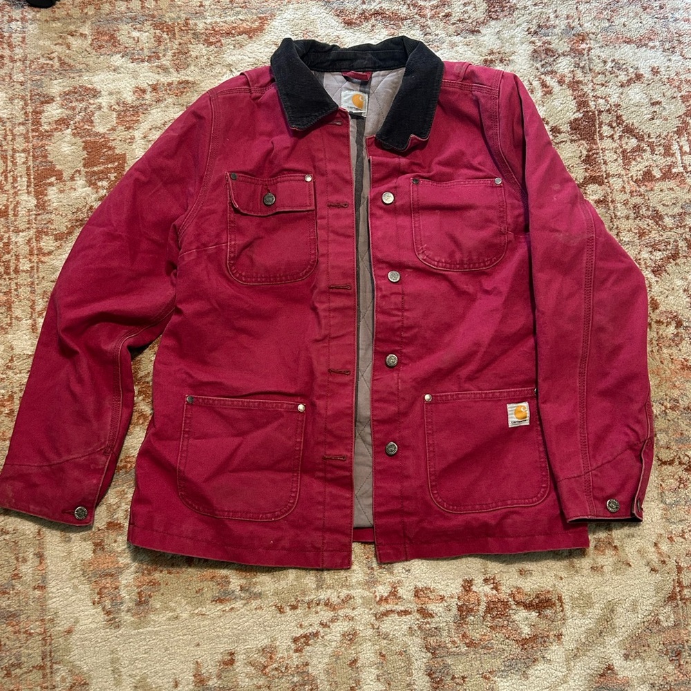 Vintage Carhartt Women’s Quilt lined Berry Pink Jacket with Black Collar